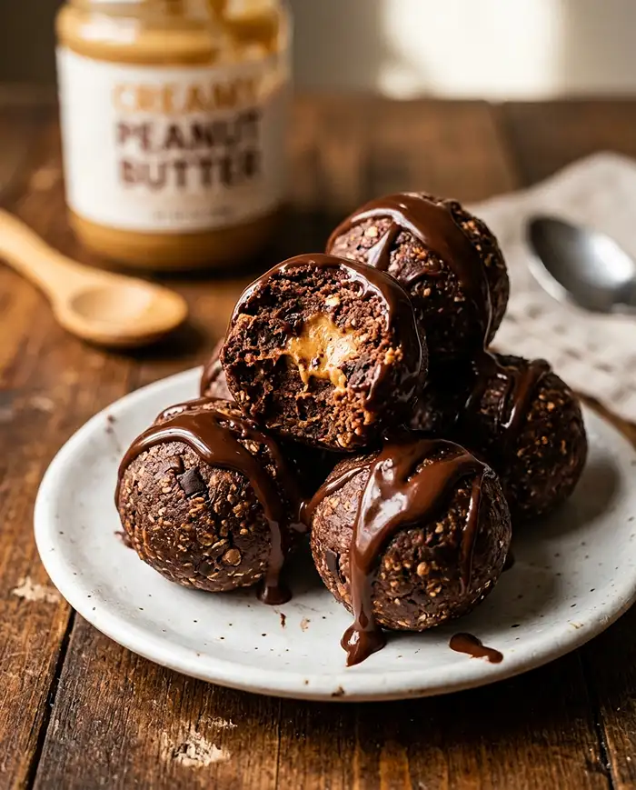 No-bake chocolate peanut butter protein balls stacked on a plate