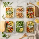 Organized glass meal prep containers filled with colorful spring meals on a white marble surface