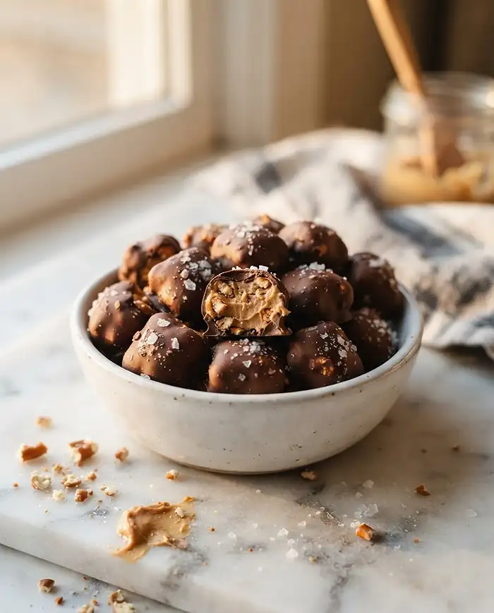Healthy Snack Bite Recipes 2 Peanut butter pretzel bites with crushed pretzels in a white bowl on a marble counter