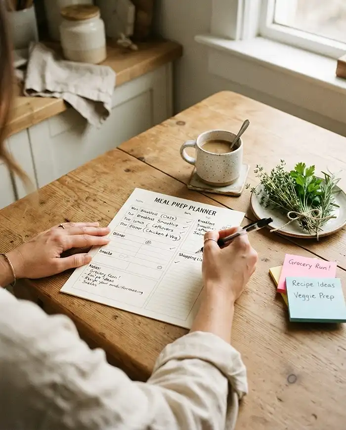 Meal Prep Guides 2 Person filling out a weekly meal prep planning template on a wooden kitchen table with coffee and fresh herbs nearby