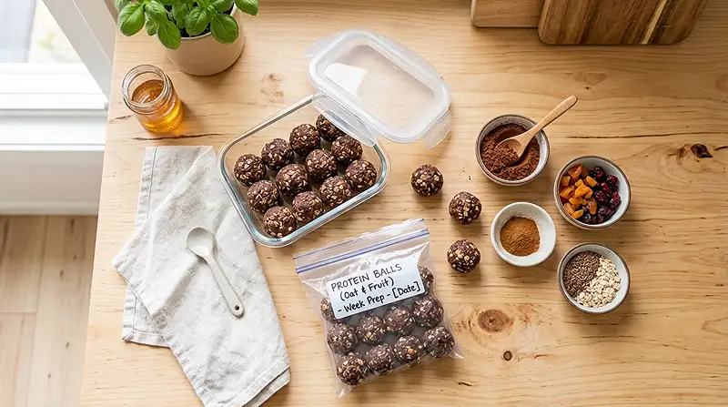Protein balls portioned into containers for easy meal prep and storage