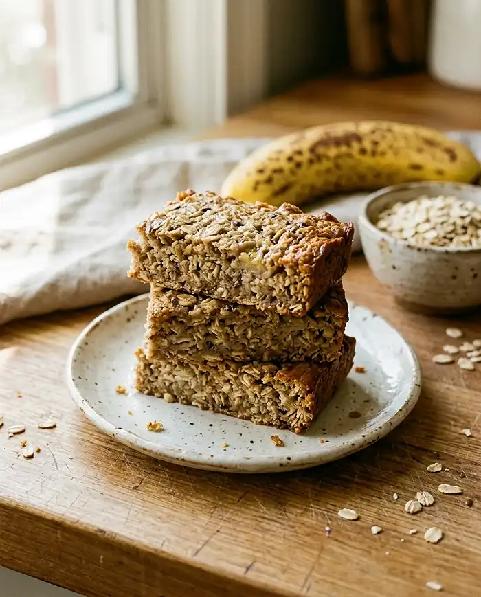 Stack of soft banana oatmeal bars one of the best healthy snack bar recipes on a ceramic plate with ripe bananas and oats in the background