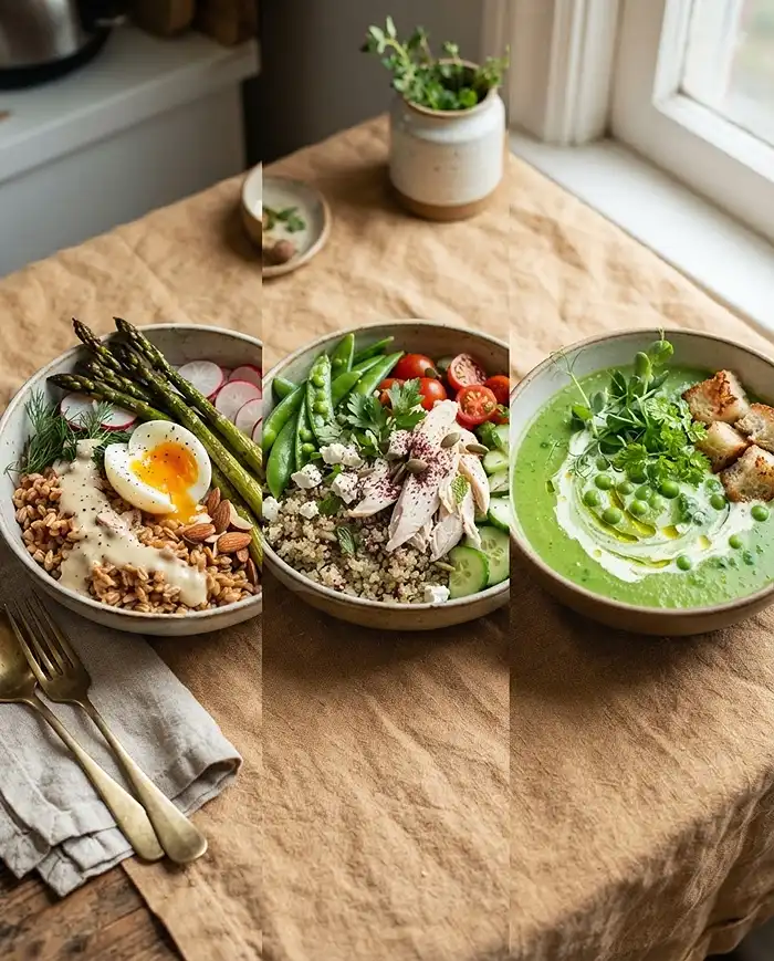 Meal Prep Guides 3 Three vibrant spring meal prep bowls with grains, roasted vegetables, proteins, and fresh herbs arranged side by side