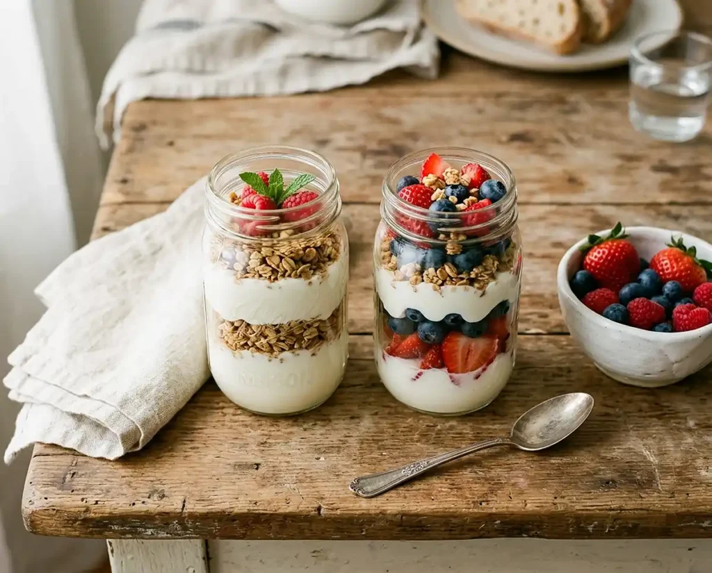 Two healthy breakfast snacks in mason jars, Greek yogurt granola cup and berry parfait, on a wooden counter in morning light