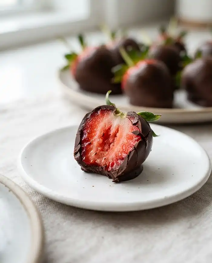 Chocolate Covered Strawberry Recipes 2 Close-up of a chocolate covered strawberry bite showing the juicy red interior and glossy chocolate shell