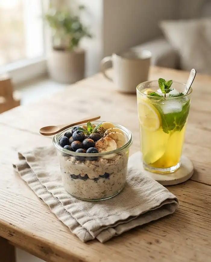 Healthy Recipes 2 Creamy overnight oats with berries and cinnamon beside a fresh wellness drink