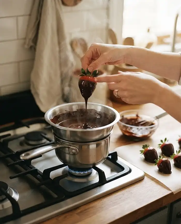 Chocolate Covered Strawberry Recipes 6 Hand dipping a fresh strawberry into a bowl of smoothly melted chocolate over a double boiler. chocolate covered strawberry recipes