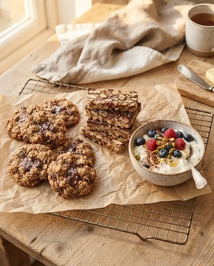 Healthy Recipes 5 healthy recipes, homemade cookies and protein snack bars on a cooling rack