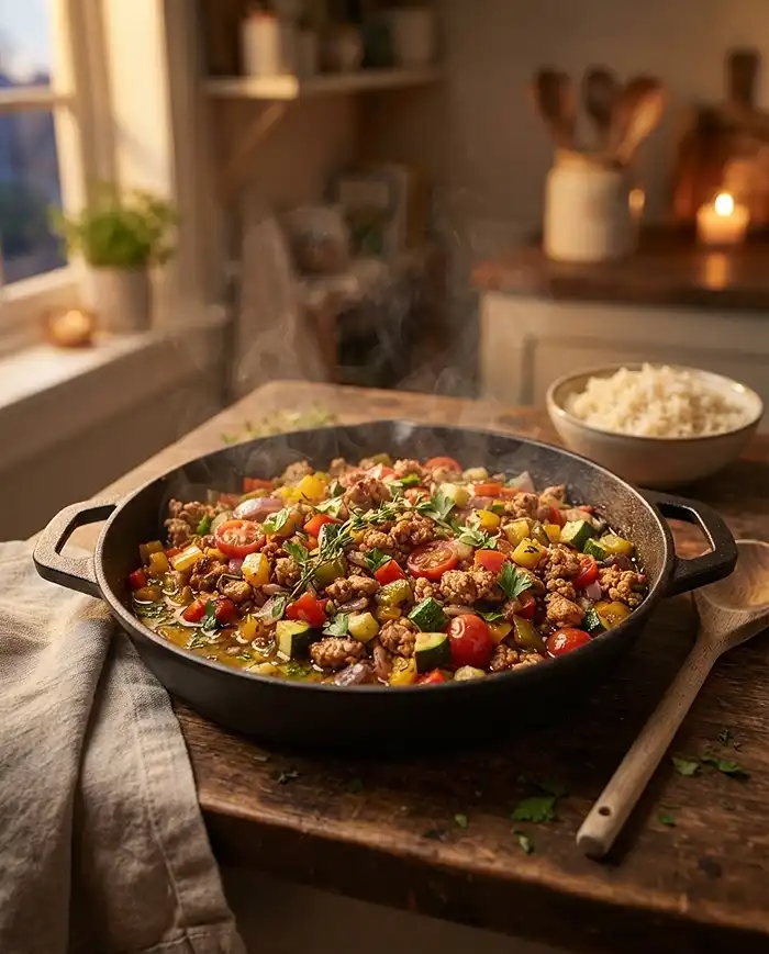 Healthy Recipes 3 High-protein ground turkey skillet dinner with vegetables in a cozy weeknight setting