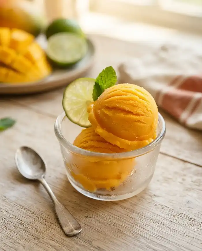 Homemade mango sorbet in a glass bowl with lime, one of the easiest frozen fruit dessert recipes