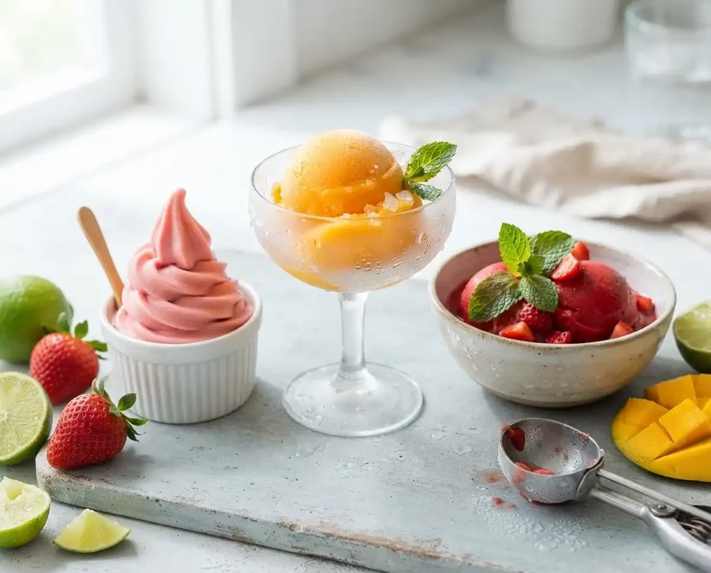 Mango sorbet, strawberry Dole Whip, and strawberry sorbet served together on a light blue table with fresh fruit