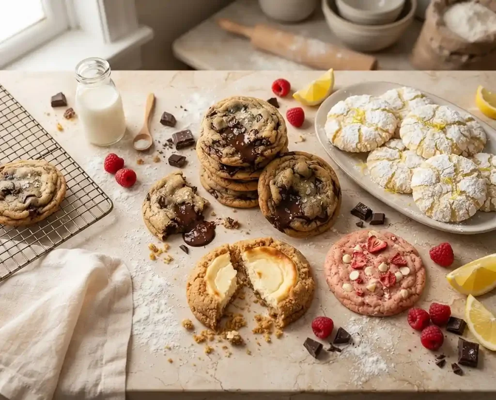 Overhead spread of chocolate chip, lemon crinkle, and cheesecake-stuffed cookies on a marble counter