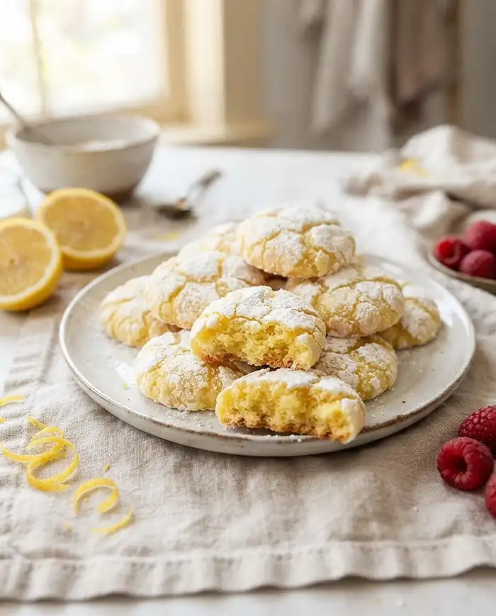 Cookie Recipes 2 Soft lemon crinkle cookies on a plate from a collection of lemon cookie recipes