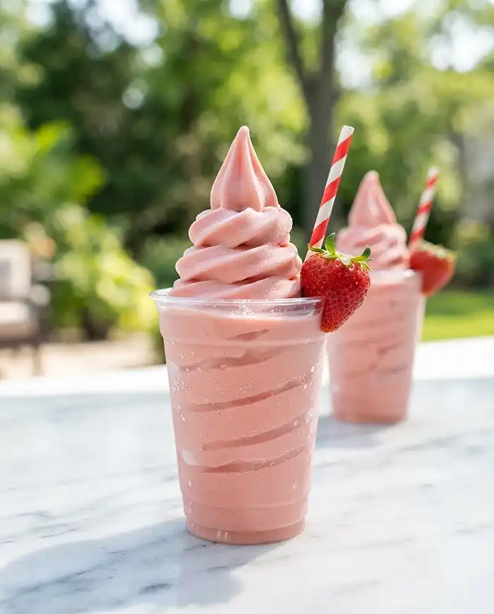 Strawberry Dole Whip swirl in a cup with a paper straw, a dairy-free favorite among frozen fruit dessert recipes