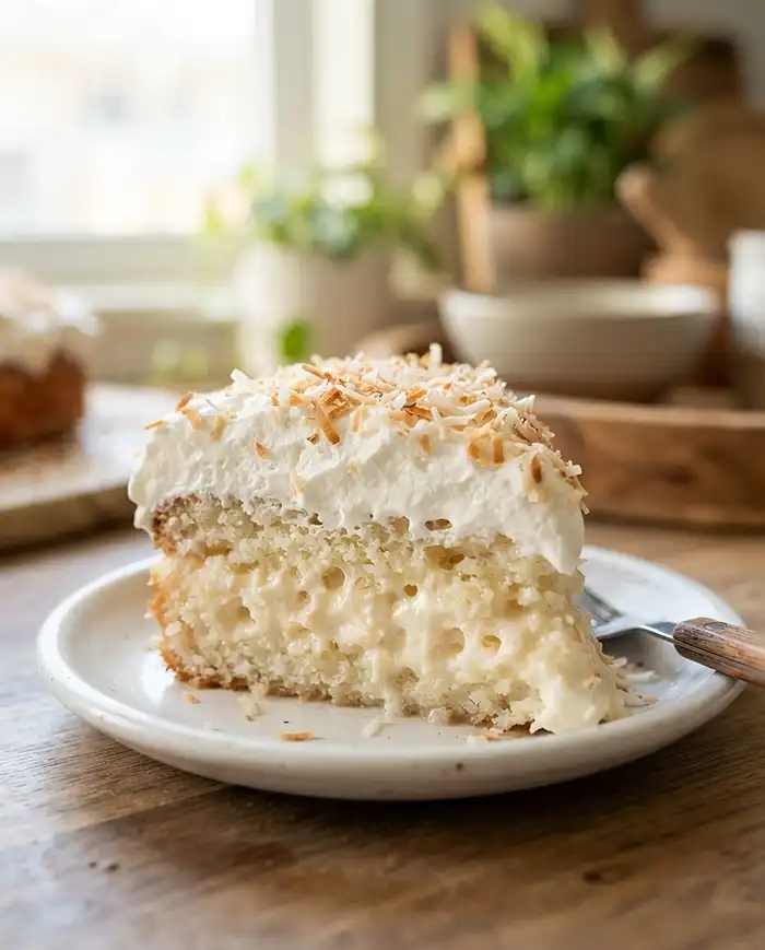 Poke Cake Recipes 2 Coconut cream poke cake slice topped with toasted coconut flakes