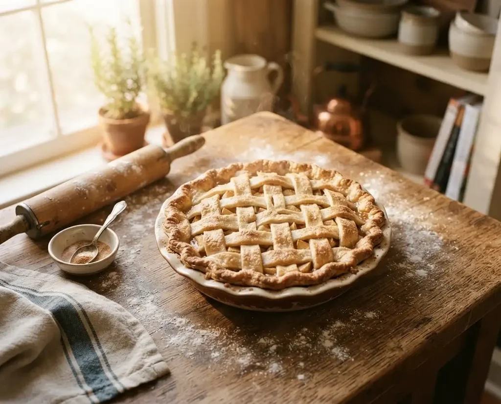Freshly baked homemade pie cooling on a kitchen counter in warm natural light