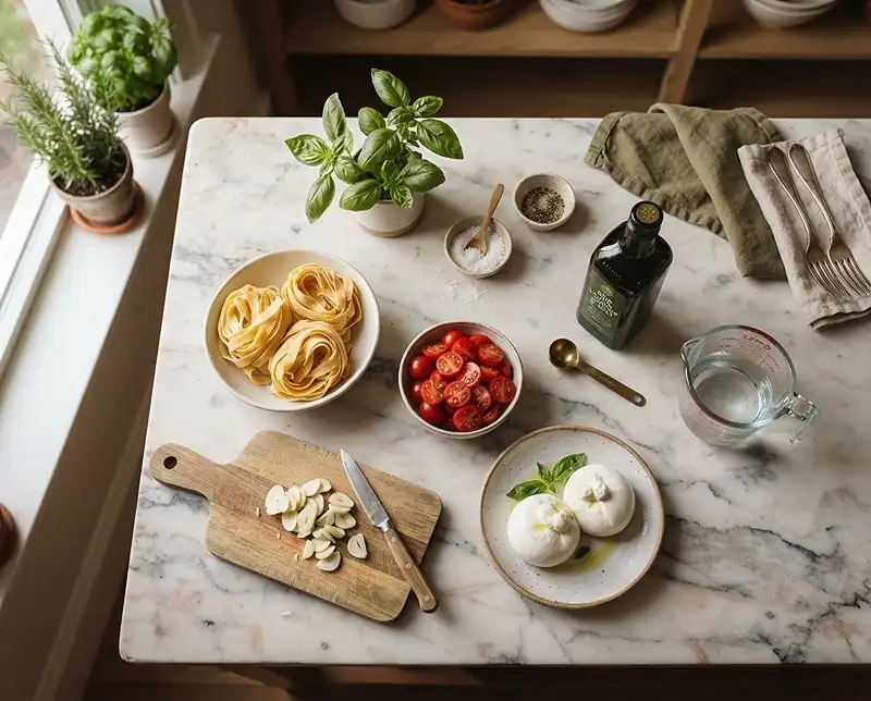 Ingredients for burrata pasta pappardelle