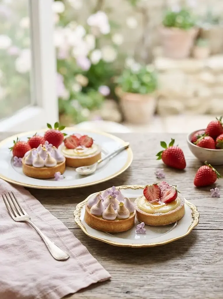 Pie Recipes Everyone Will Want a Slice Of 7 Mini lemon tart with lilac meringue and strawberry honey custard tarts plated for spring dessert
