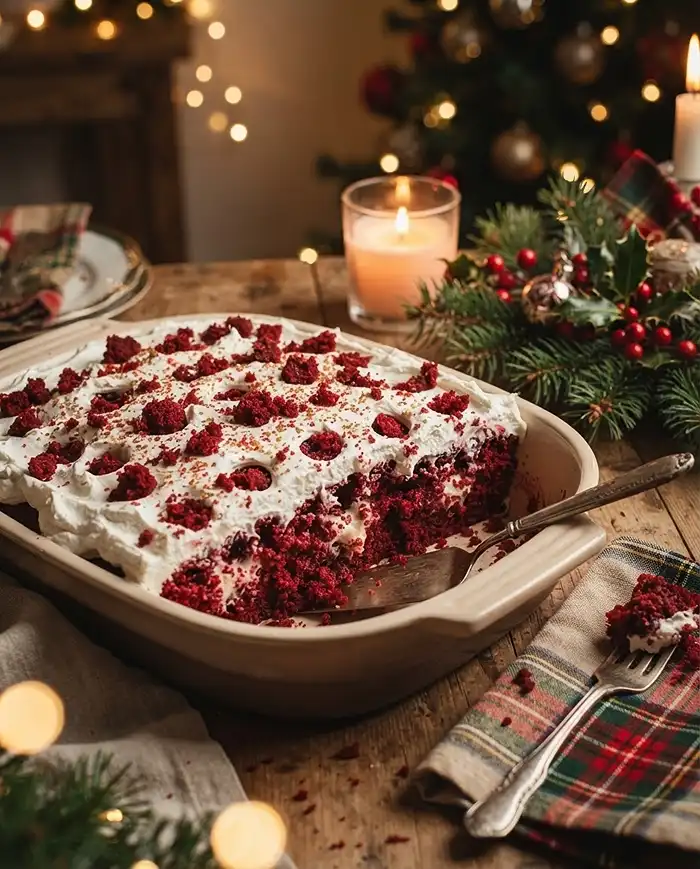Poke Cake Recipes 4 Red velvet poke cake topped with whipped frosting and red crumbles