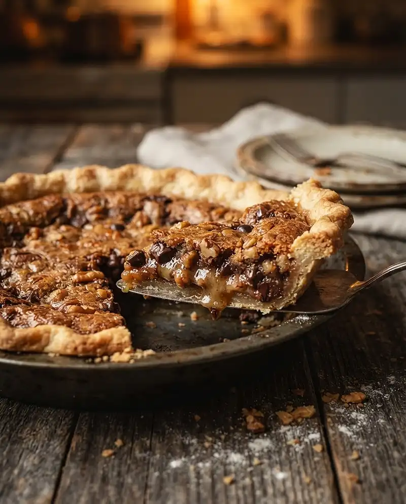 Pie Recipes Everyone Will Want a Slice Of 3 Sliced Derby pie with gooey chocolate and walnut filling on a rustic table