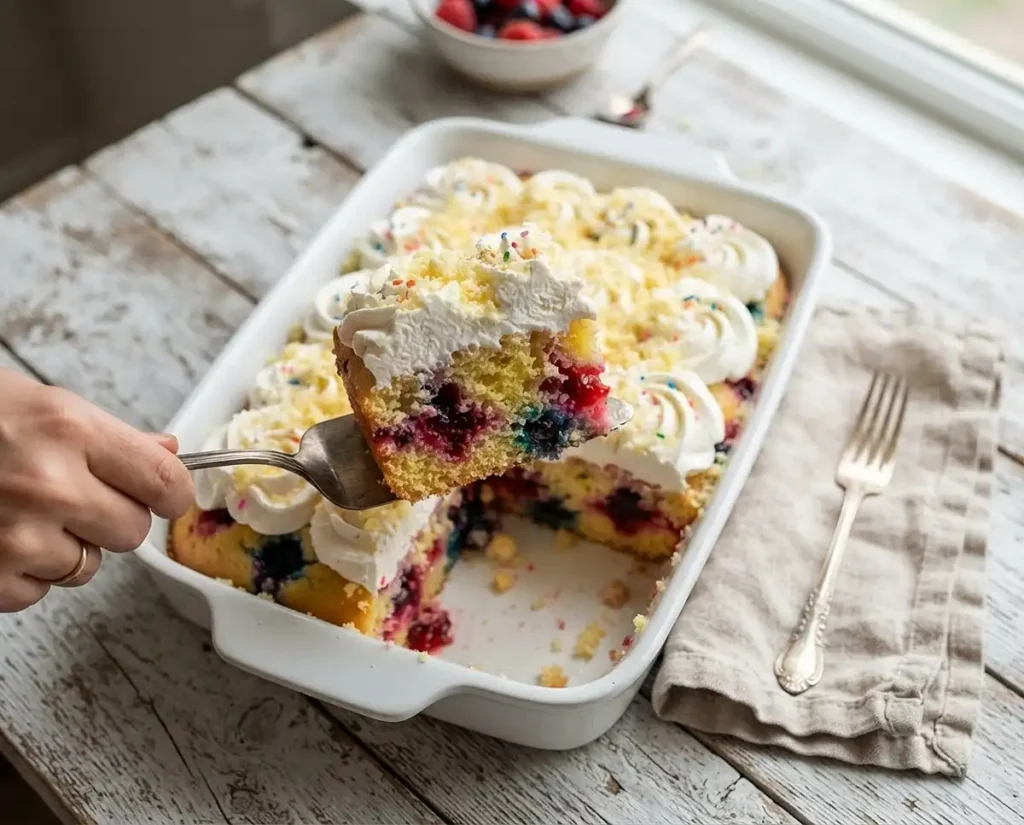 Sliced poke cake in a white baking dish topped with whipped cream