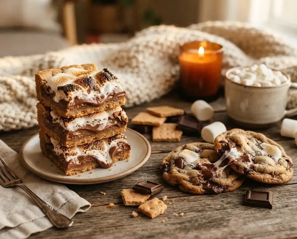 Smores cookie bars and soft smores cookies on a rustic wooden table with graham crackers, chocolate and marshmallows