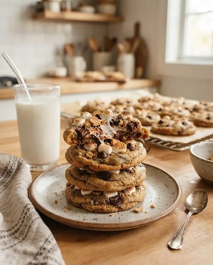S'mores Dessert Recipes 4 Soft smores cookies broken in half to show gooey marshmallow and chocolate, one of the best s'mores dessert recipes