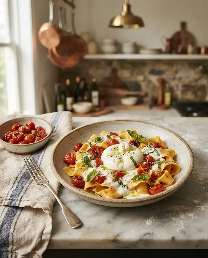 summer burrata pasta pappardelle