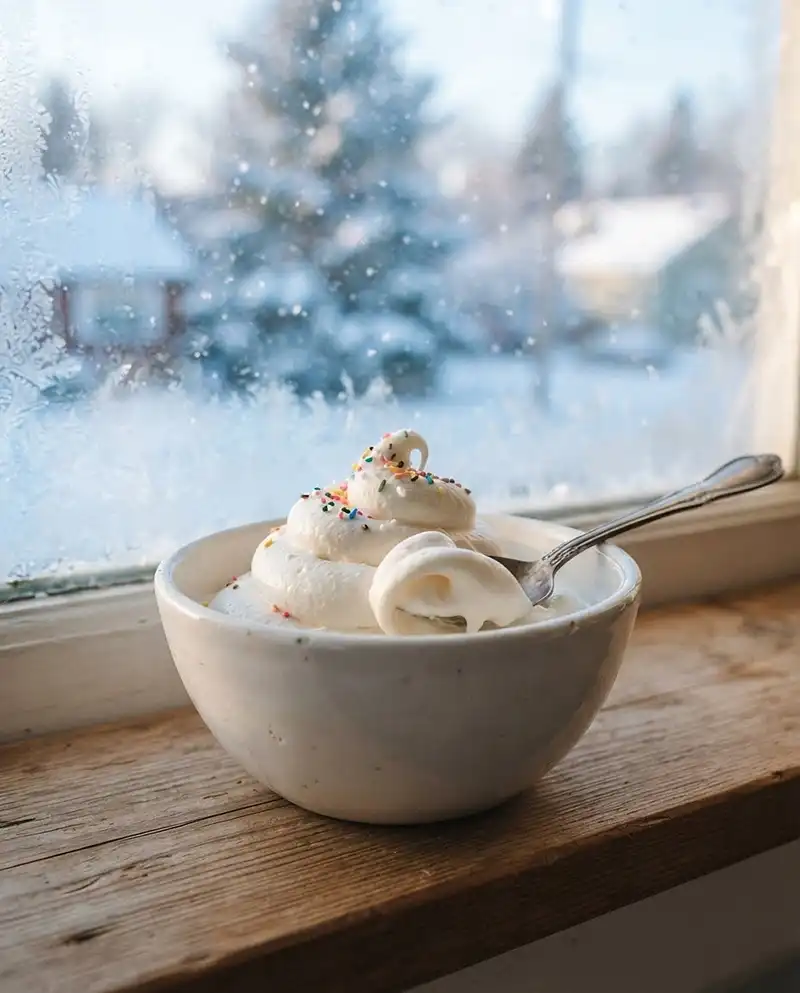 5-ingredient snow cream homemade frozen treats in a white bowl with a spoon. homemade ice cream recipes