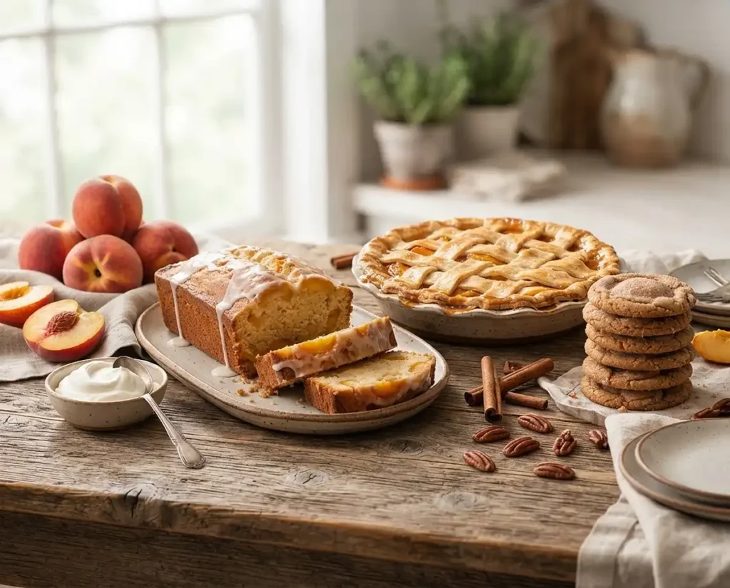 Cozy peach desserts with pound cake, pie, and cookies on a rustic table