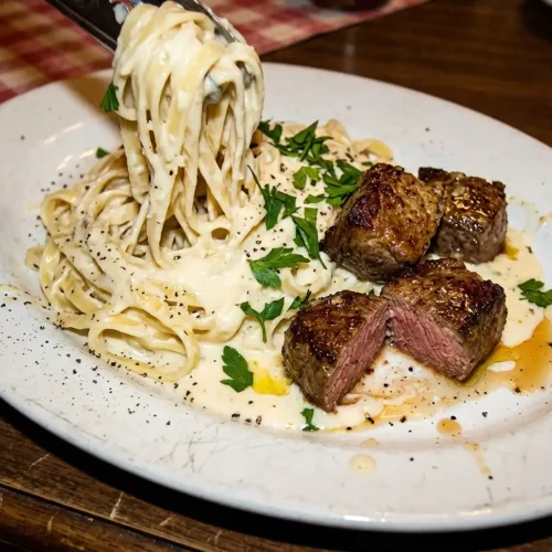 Garlic Butter Steak Bites with Fettuccine Alfredo