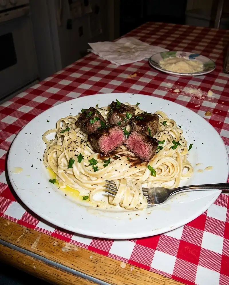 Garlic Butter Steak Bites with Fettuccine Alfredo recipe