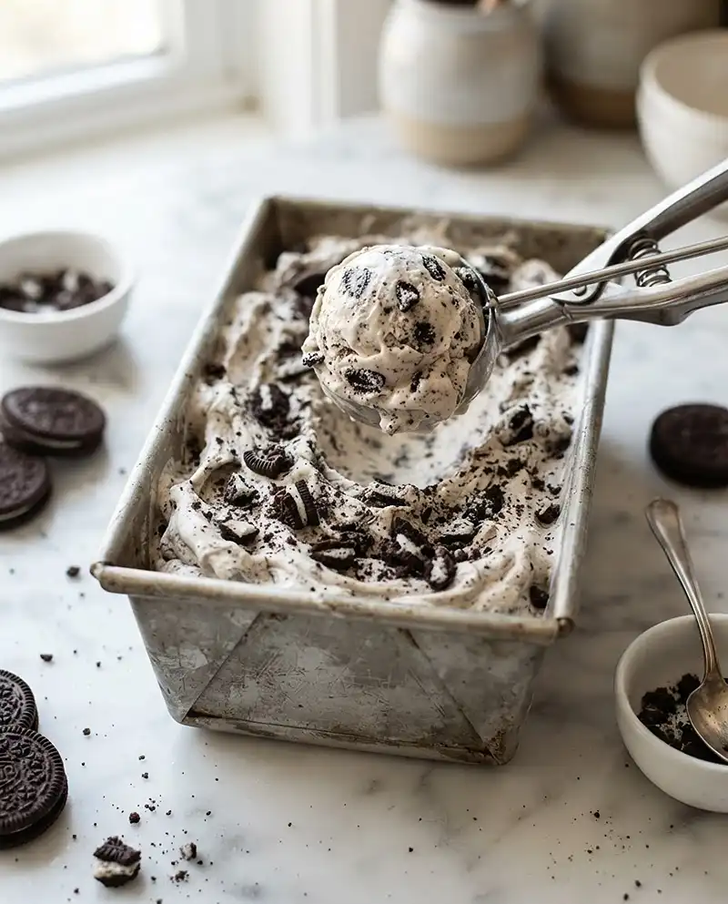 No churn cookies and cream ice cream in a loaf pan with cookie pieces