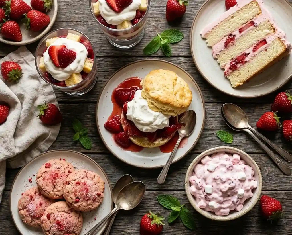 Overhead spread of strawberry shortcake desserts including biscuits, mini cups, cookies, layer cake, and fluff salad on a rustic wooden table