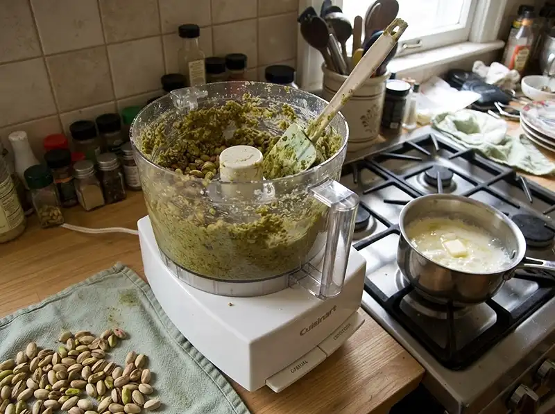 Pistachio Cream Croissants 4 Processor bowl pistachios mid-blitz, still