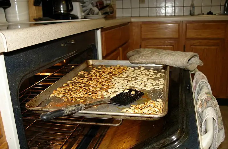 Pumpkin seeds on the open oven rack