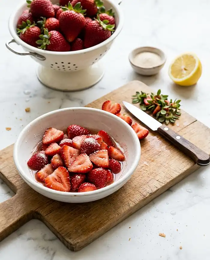 7 Ultimate Strawberry Shortcake Recipes 11 Sliced strawberries macerating in sugar for strawberry shortcake recipes, with fresh whole berries and a cutting board on marble