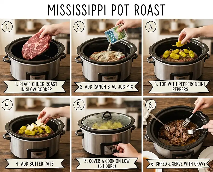 Step by step Mississippi Pot Roast Crock Pot Recipe