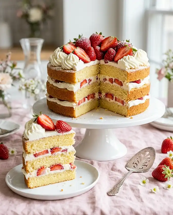 7 Ultimate Strawberry Shortcake Recipes 9 Strawberry shortcake recipes showstopper, a tall layer cake with whipped cream filling and fresh strawberries, sliced to show the layers