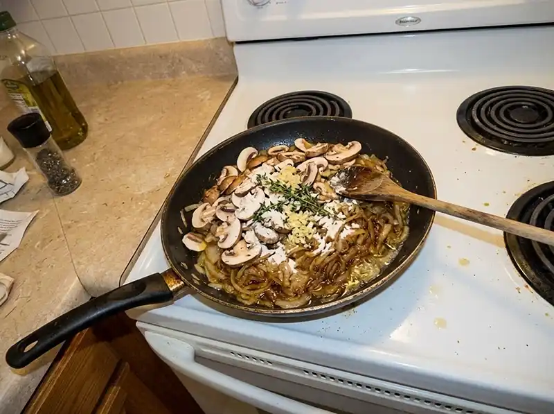 One-Pot French Onion Pasta 4 caramelized onions with garlic, mushrooms, thyme, wine splashing in and flour dusted over, mushrooms still half-raw, flour not stirred in