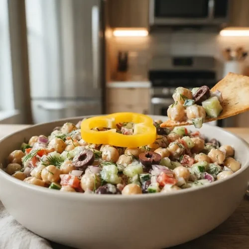 Chickpea Scoopable Salad 2 chickpea scoopable salad on table