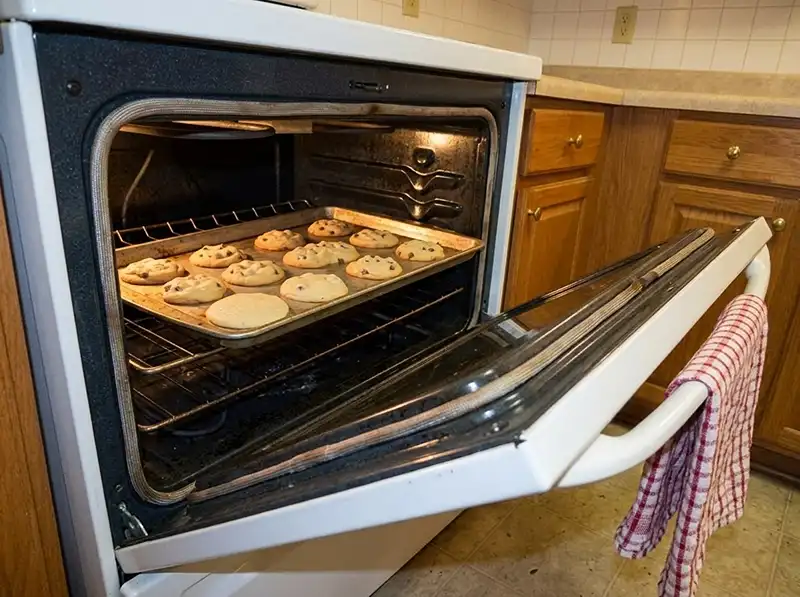 Nestle Toll House Cookie Recipe 5 cookies partway baked, edges just set and golden, centres pale and doughy, two still raw and flat, one blob merged into its neighbour