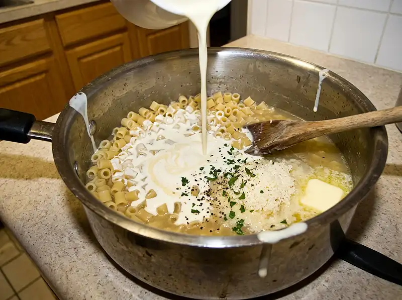 cream hitting the pan for Ditalini Pasta