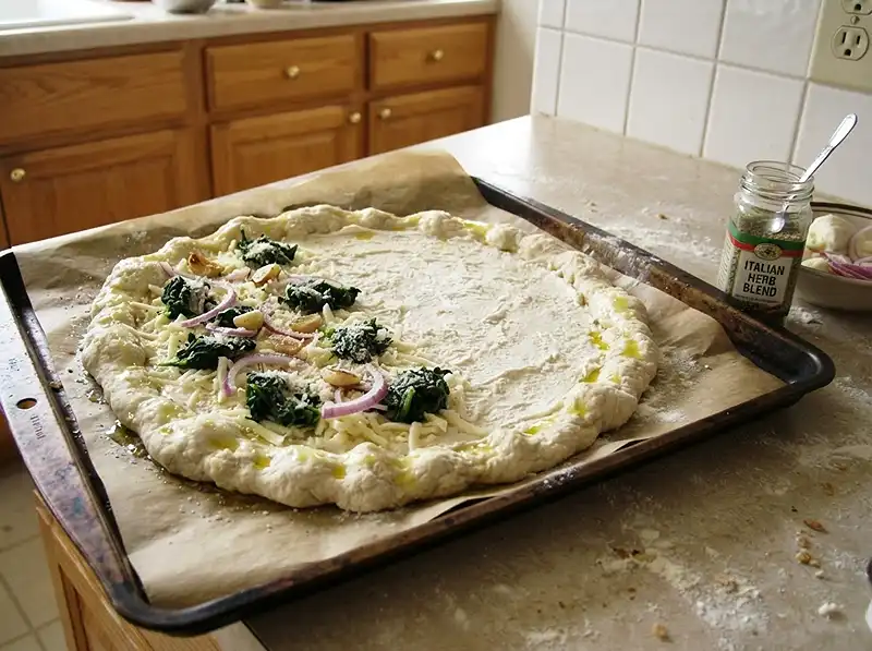 crust edge oiled, ricotta smeared only across the middle, cheese on part of it, spinach on one half, Parmesan, onion and roasted garlic half-sprinkled
