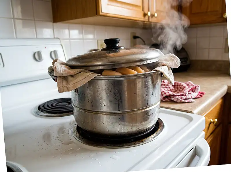 Pizza Seolgi 5 steamer on the coil burner with the cloth-wrapped lid, thick steam escaping the seam, condensation running down the pot. Mid-cook, nothing finished.