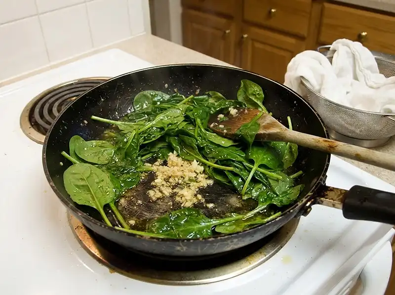 garlic just softened, leaves collapsing but some still partly raw, liquid collecting, colander and cloth waiting to press the moisture out. This is the cook the spinach first step, since t