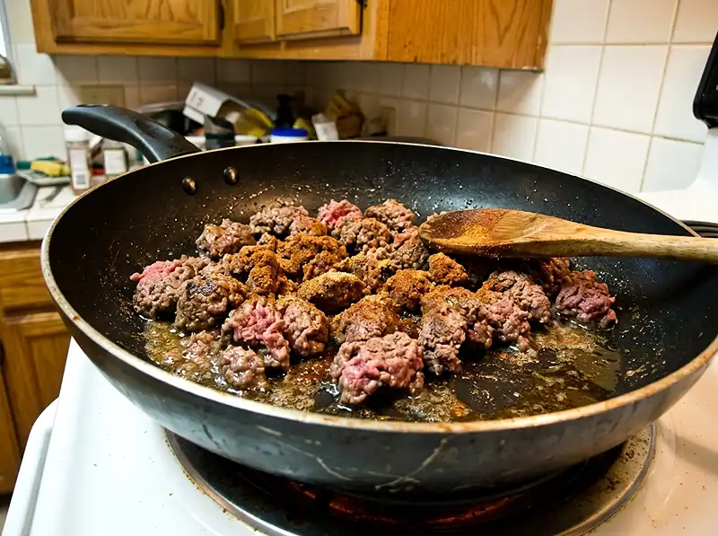 Sweet Potato Ground Beef Recipe 5 ground beef in the skillet, partly browned with pink centres, spice powder just going in, fat pooling.