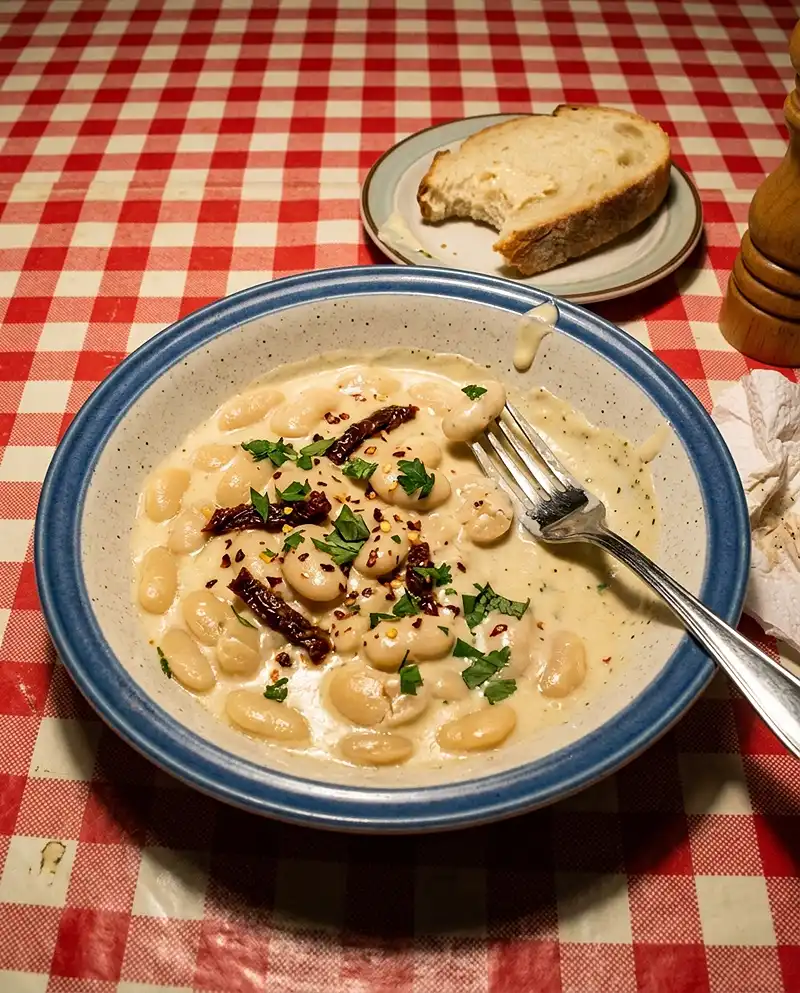 high-protein marry me butter beans​ at a table
