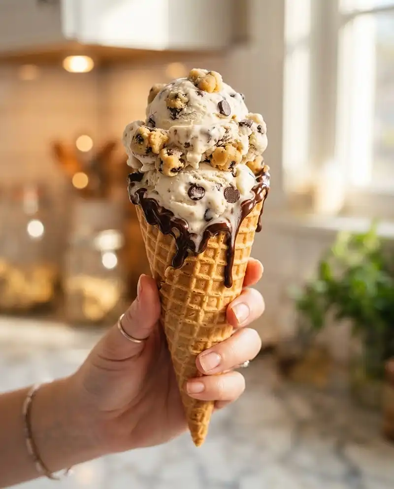 Chocolate chip cookie dough ice cream in a waffle cone with chocolate chips