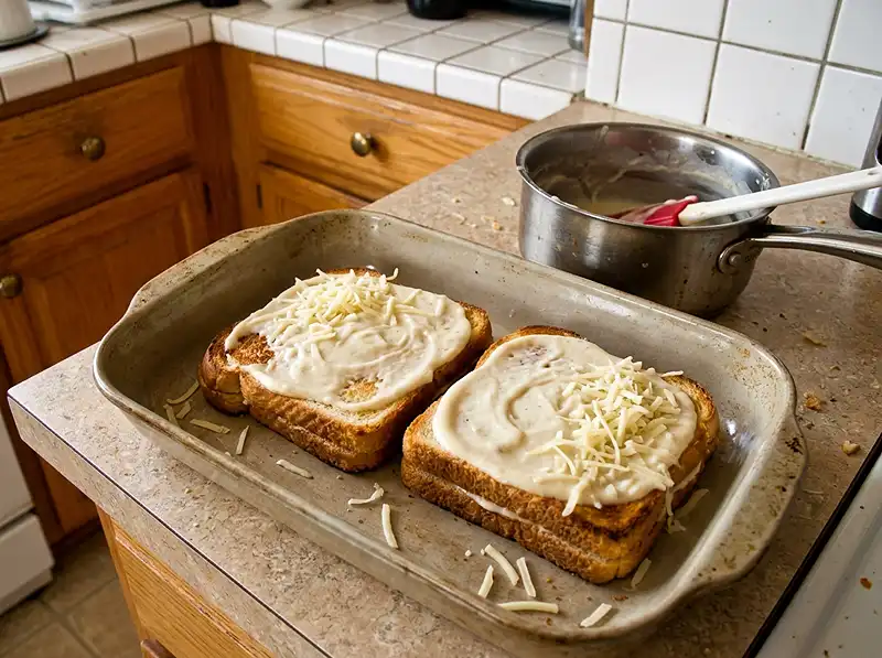 just before the broiler pan-toasted sandwiches in the ovenproof dish, bechamel spread unevenly with spatula ridges and a bare corner